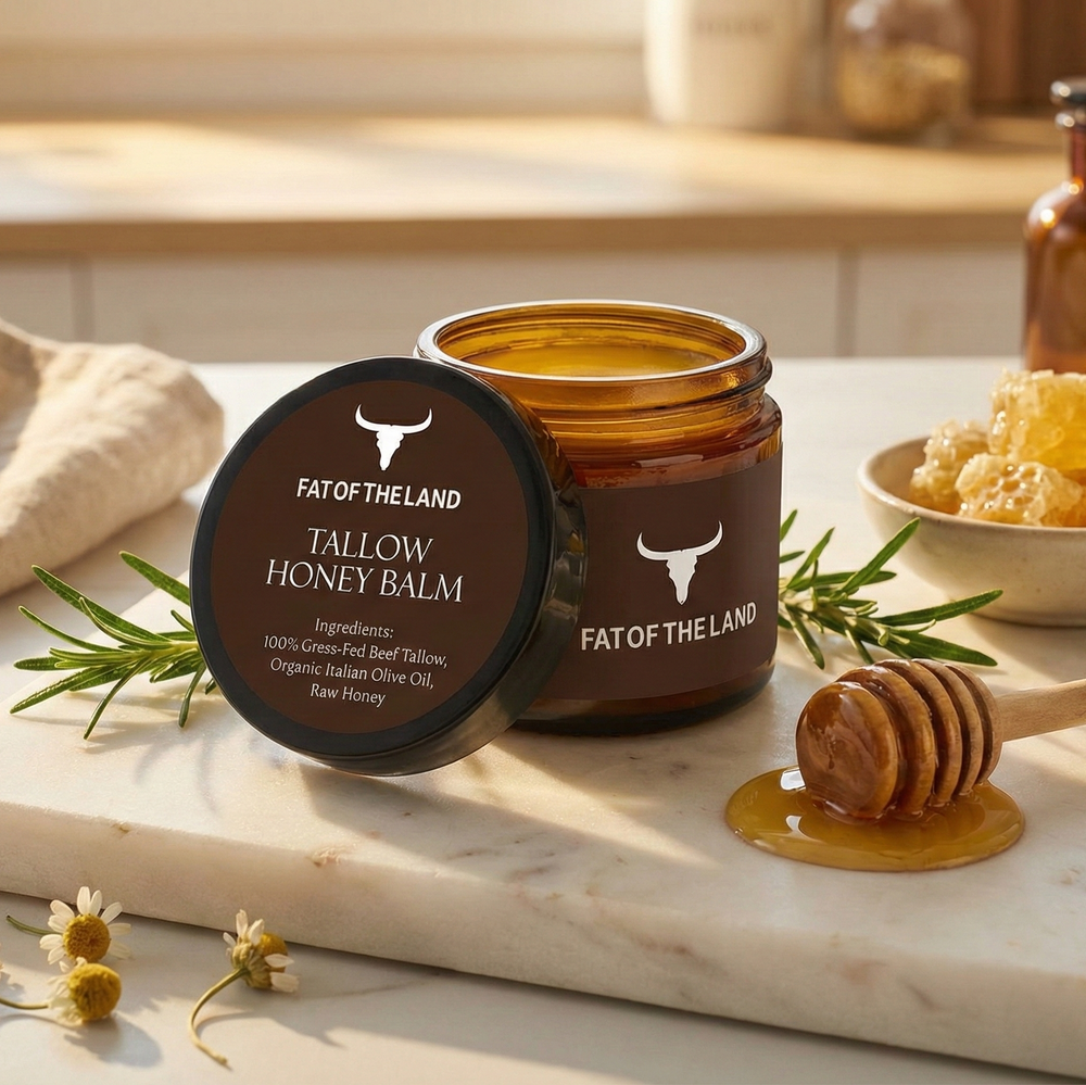 Tallow honey balm jar and container on a wooden surface with honeycomb and flowers.