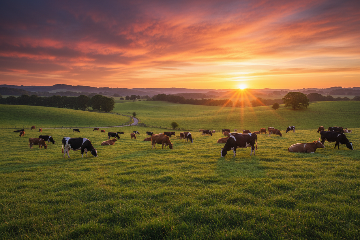 Show me majestic fields of cows grazing on grass with a sunset